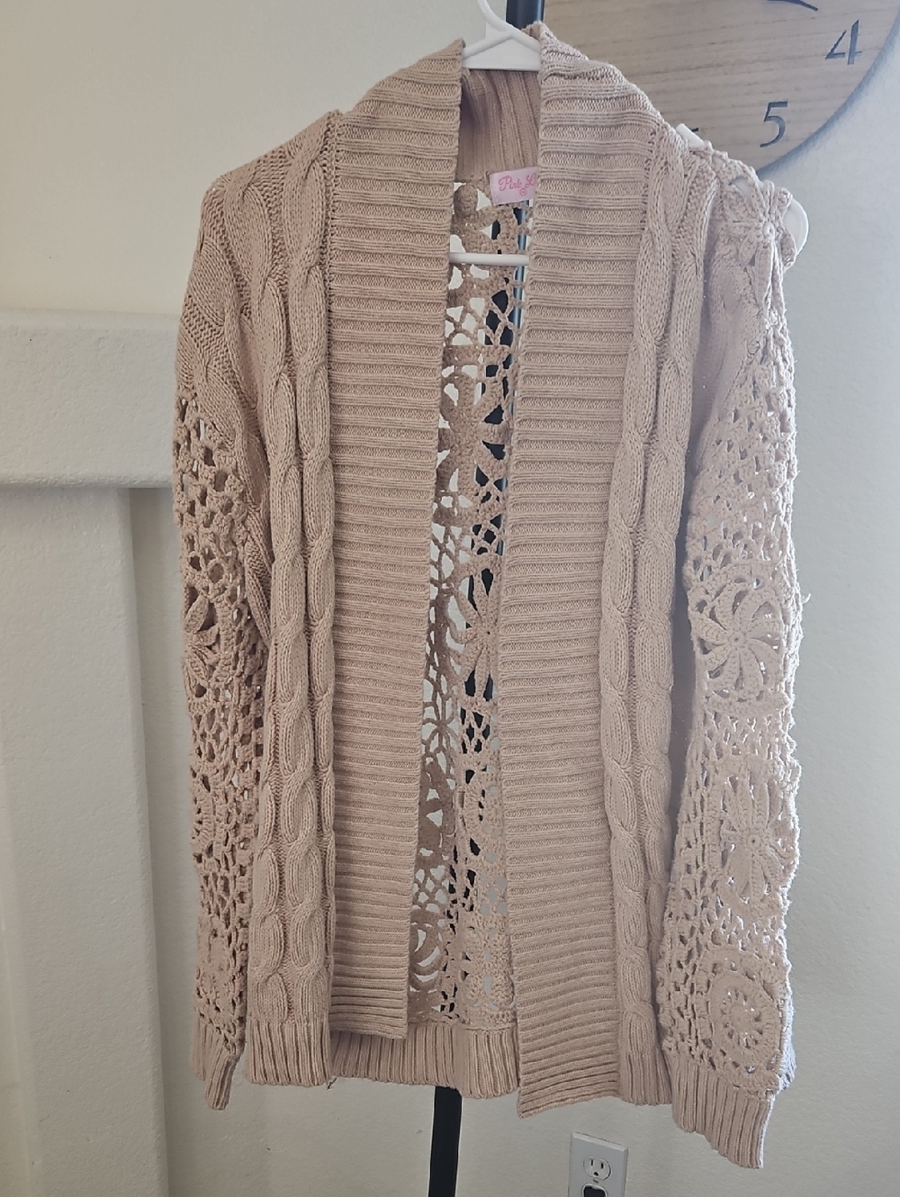 Pink Lily Crochet Cable Open-Front Cardigan Sweater - Beige Medium